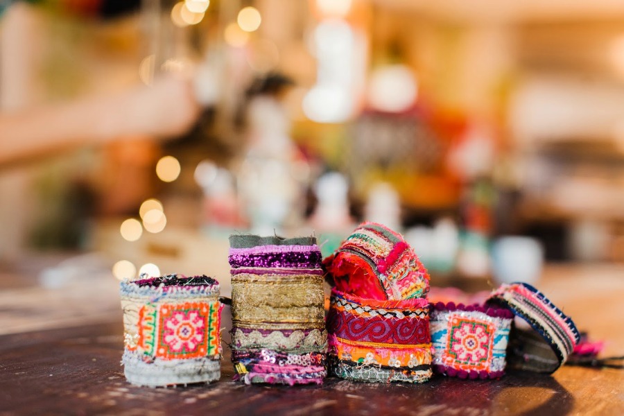 Cuffs by Jenny Sweeney. Be inspired by this photo gallery of vibrant colorful beachy boho interior design from artist Jenny Sweeney's Chicagoland home. Her art has been lifting spirits and opening hearts to wonder - see how it lives large in a charming suburban Tudor!