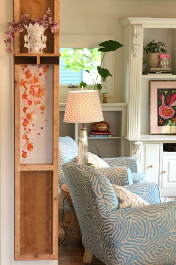 Family room - Be inspired by this photo gallery of vibrant colorful beachy boho interior design from artist Jenny Sweeney's Chicagoland home. Her art has been lifting spirits and opening hearts to wonder - see how it lives large in a charming suburban Tudor!