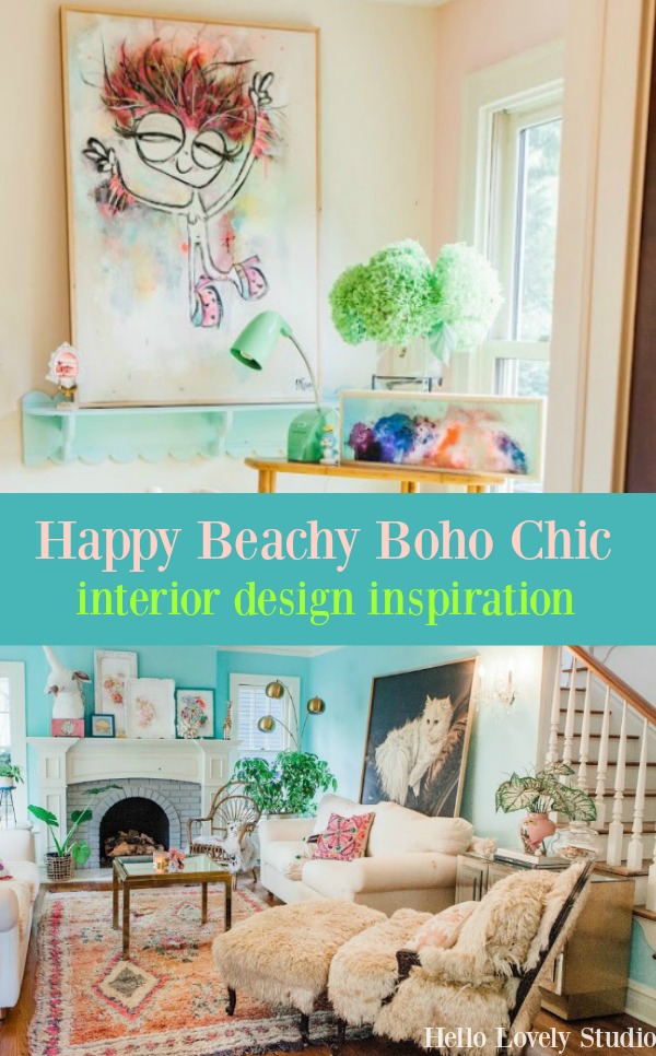 Be inspired by this photo gallery of vibrant colorful beachy boho interior design from artist Jenny Sweeney's Chicagoland home. Her art has been lifting spirits and opening hearts to wonder - see how it lives large in a charming suburban Tudor!