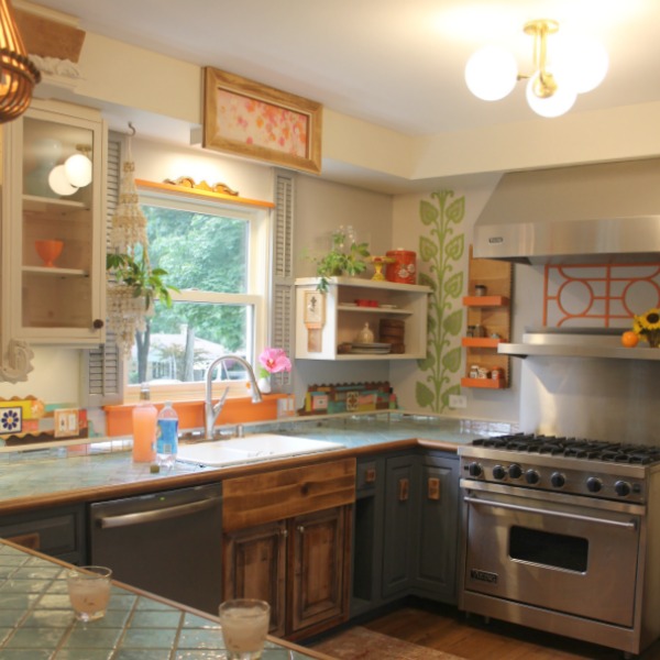 Boho style and quirky vintage charm in a colorful, playful, custom kitchen by Jenny Sweeney. #colorfulkitchen #kitchendesign #bohodecor #colorfuldecor #interiordesign #eclectic