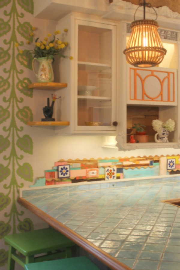 Boho style and quirky vintage charm in a colorful, playful, custom kitchen by Jenny Sweeney. #colorfulkitchen #kitchendesign #bohodecor #colorfuldecor #interiordesign #eclectic