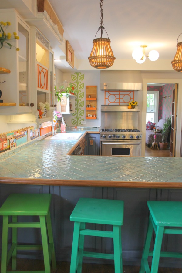 Boho style and quirky vintage charm in a colorful, playful, custom kitchen by Jenny Sweeney. #colorfulkitchen #kitchendesign #bohodecor #colorfuldecor #interiordesign #eclectic