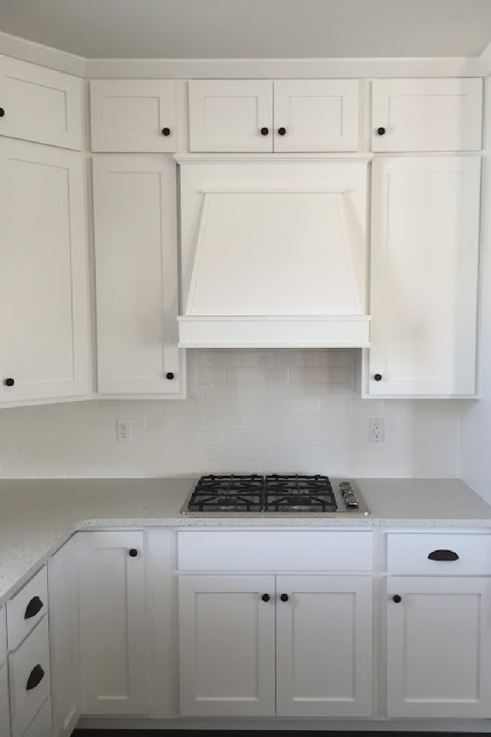 PPG Delicate White paint color on kitchen cabinets in a space with design by Andrea West. #paintcolors #ppgdelicatewhite #kitchencabinets