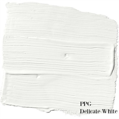 PPG Delicate White paint color is a perfect white paint to use for your walls and a favorite of Leanne Ford of HGTV's Restored by the Fords. #delicatewhite #perfectwhite #paintcolor #leanneford #ppg