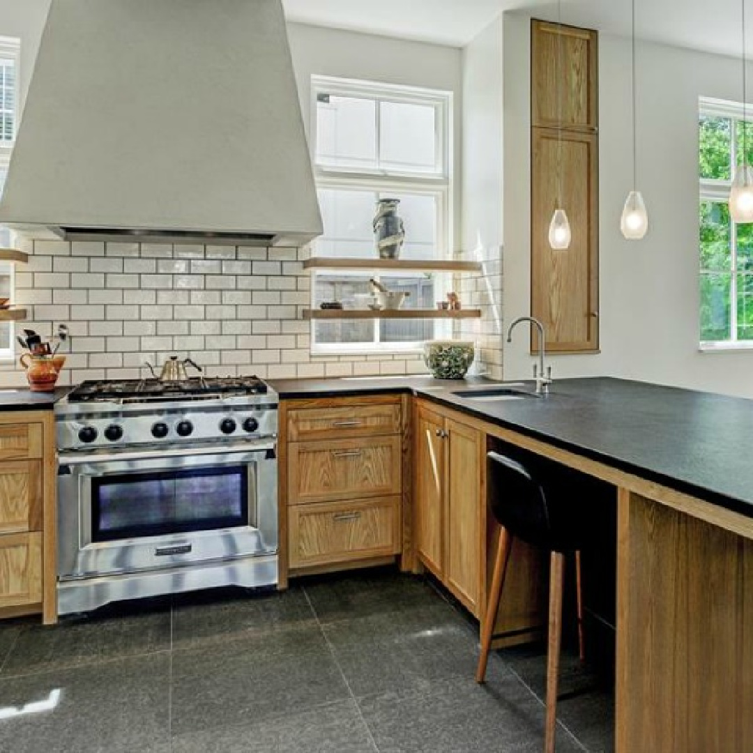 Belgian kitchen design with natural materials, plaster, and stone in a zen Houston home by architect Kelly Cusimano and crafted by Marcellus Barone of Southampton Homes. #belgianartchitecture #belgiankitchen