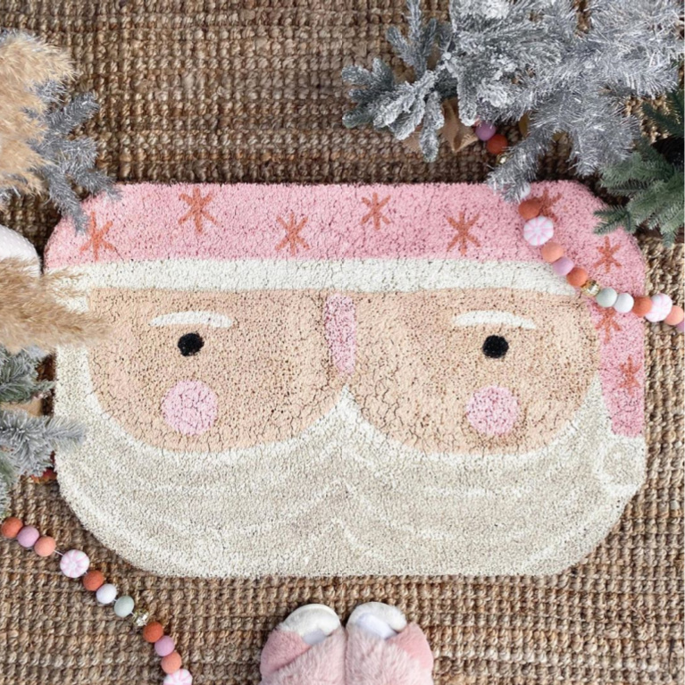 Pink Santa whimsical doormat with boho, shabby chic farmhouse style - Amanda Escoe. #christmasdecor #doormats #pinkchristmas