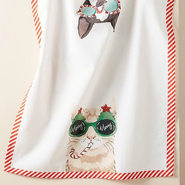 Cat dog Merry Christmas dishtowel adds a whimsical and merry mood to your holiday kitchen. #christmasdecor #dishtowel #funny #cats #whimsicaldecor