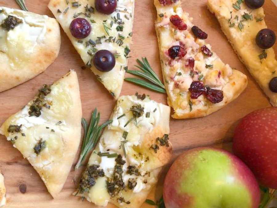 Hello Lovely's 10 minute cheesy easy appetizer comes together quickly with store-bought flatbread! Perfect for holiday entertaining and Thanksgiving. #appetizer #easyrecipes #flatbread #briecheese