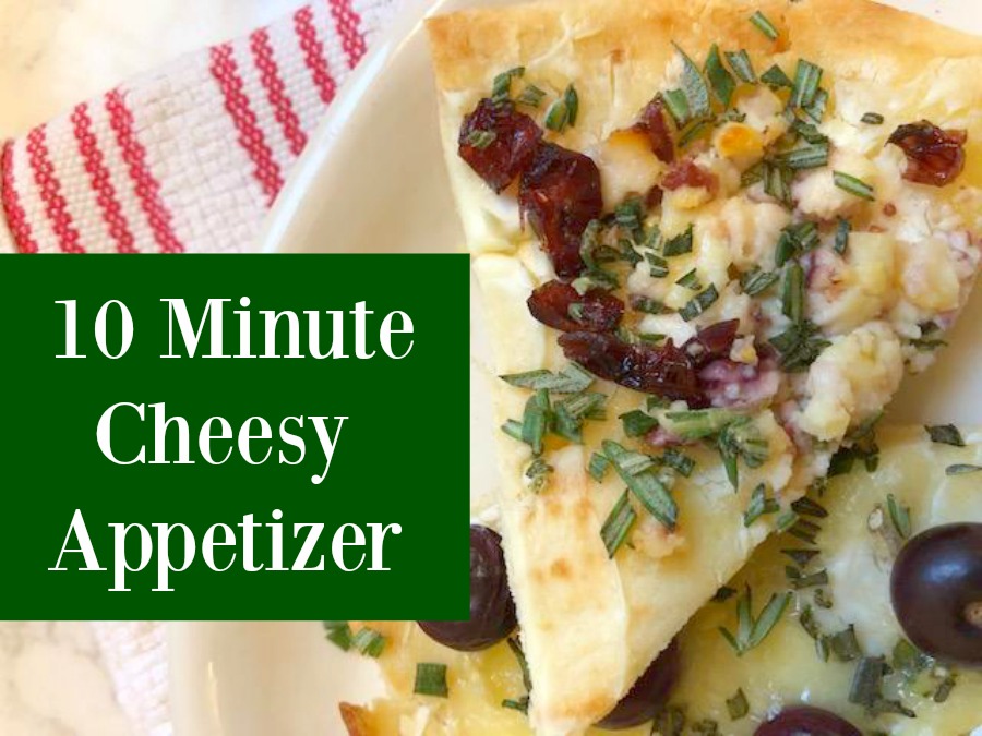 Hello Lovely's 10 minute cheesy easy appetizer comes together quickly with store-bought flatbread! Perfect for holiday entertaining and Thanksgiving. #appetizer #easyrecipes #flatbread #briecheese