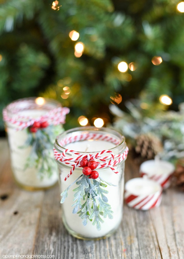 Christmas decor DIY mason jar peppermint candles from apumpkinandaprincess. #christmasdecor #diy #crafting #candles #masonjars