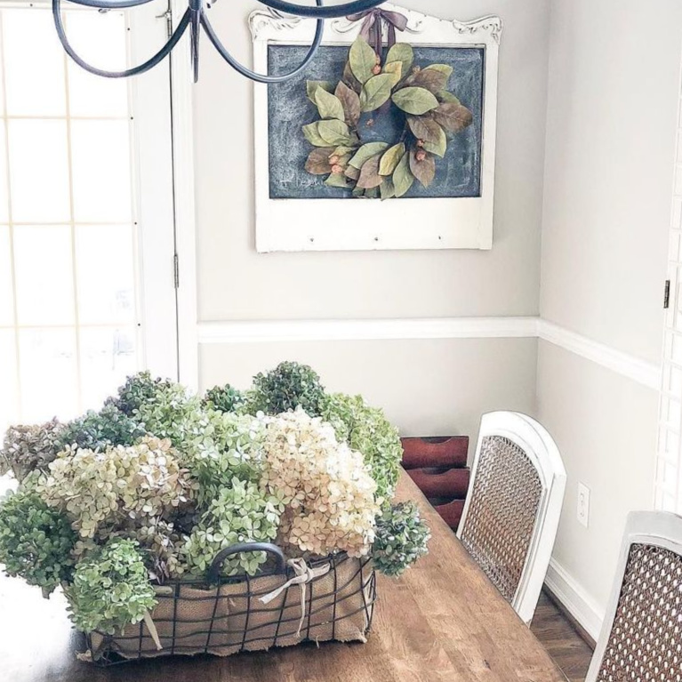 French country fall dried hydrangea on a dining room table creates a serene tranquil look - Adams and Elm Home. #frenchfall #frenchcountry #falldecor #driedhydrangea #centerpieces