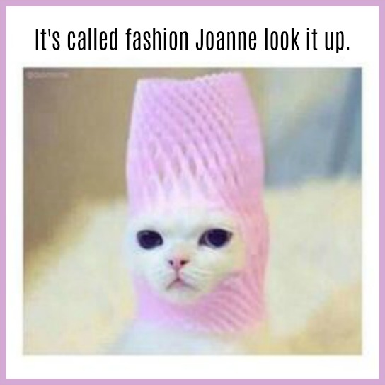 Silly cat meme: It's called fashion Joanne look it up" with a ridiculous white cat in crinkly pink hat. #humor #catmeme #fashion #memes