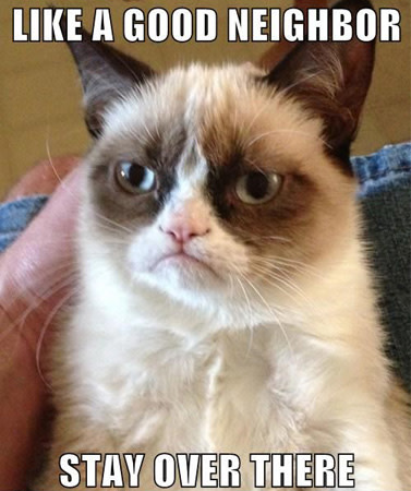 Grumpy cat meme: like a good neighbor, stay over there. #catmeme #funnymeme #grumpycat
