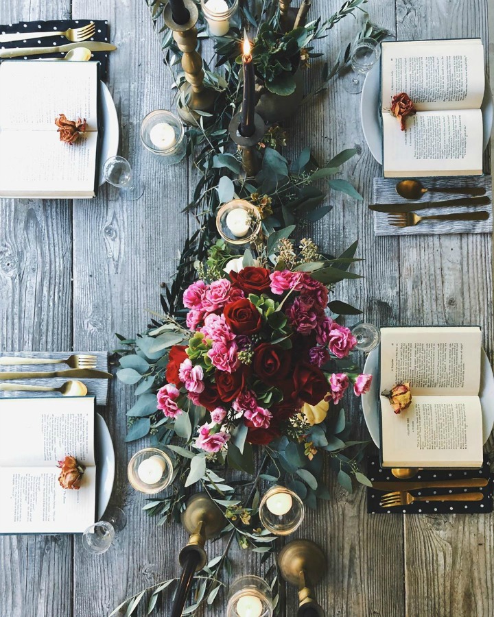 Dramatic and moody fall tablescape with a book theme - Gwen Moss Blog. #tablescape #falltable #bookparty #entertaining