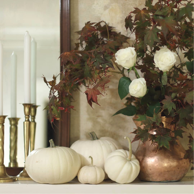 Elegant and serene understated fall decor on a mantel - Mantel and Table. #falldecor #mantelscape #fireplacedecor #autumnmantel