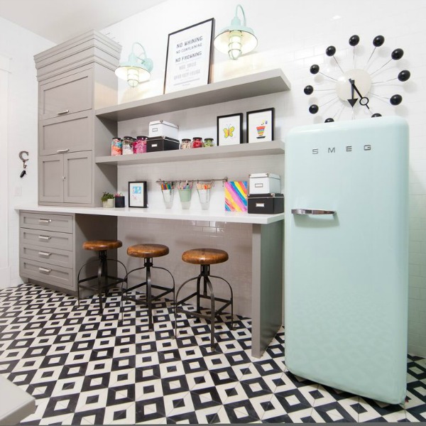 Customized and eclectic mud room with Smeg frig in a modern French home in Queen Creek, Arizona. #modernfrench #mudroom #smeg