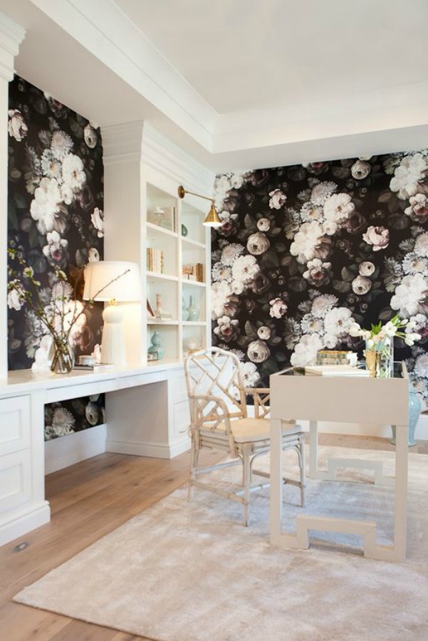 Black floral wallpaper in a modern French home office in Queen Creek, AZ. #modernfrench #interiordesign #homeoffice