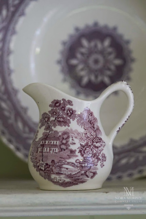 Purple transferware pitcher and china in French country home of Amy Chalmers of Maison Decor. #purple #transferware #china #antiques