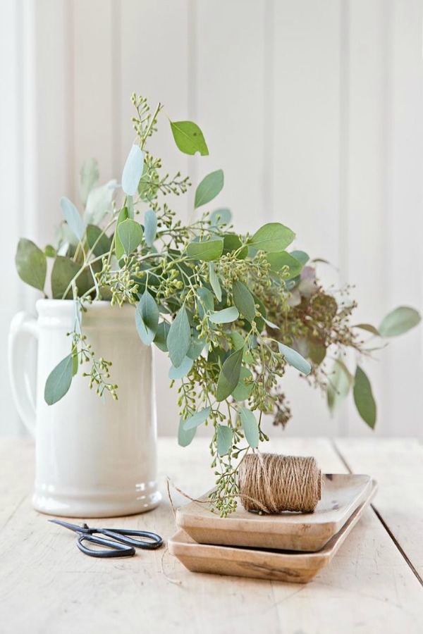 Do you love the simpler side of fall decor like this fresh eucalyptus in a white pitcher - styling by A Rosy Note? Serene French Farmhouse Fall Decor Photos ahead! #falldecor #fallfarmhouse #serenedecor #eucalyptus #centerpiece