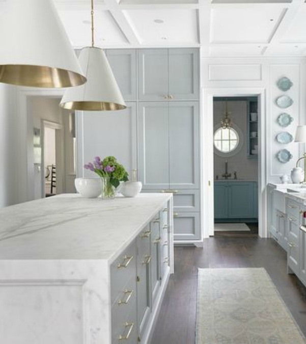 Farrow & Ball Light Blue painted cabinetry in a stunning traditional kitchen in the Southeastern Farrow & Ball Light Blue paint color on cabinets in kitchen. Southeastern Designer Showhouse 2017 - Atlanta Homes & Lifestyles. #farrowandballlightblue #lightbluepaint