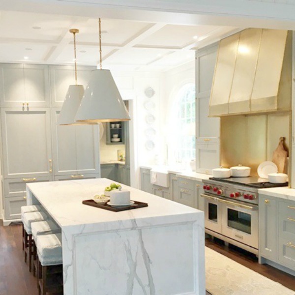 Farrow & Ball Light Blue paint color on cabinets in kitchen. Southeastern Designer Showhouse 2017 - Atlanta Homes & Lifestyles. #farrowandballlightblue #lightbluepaint