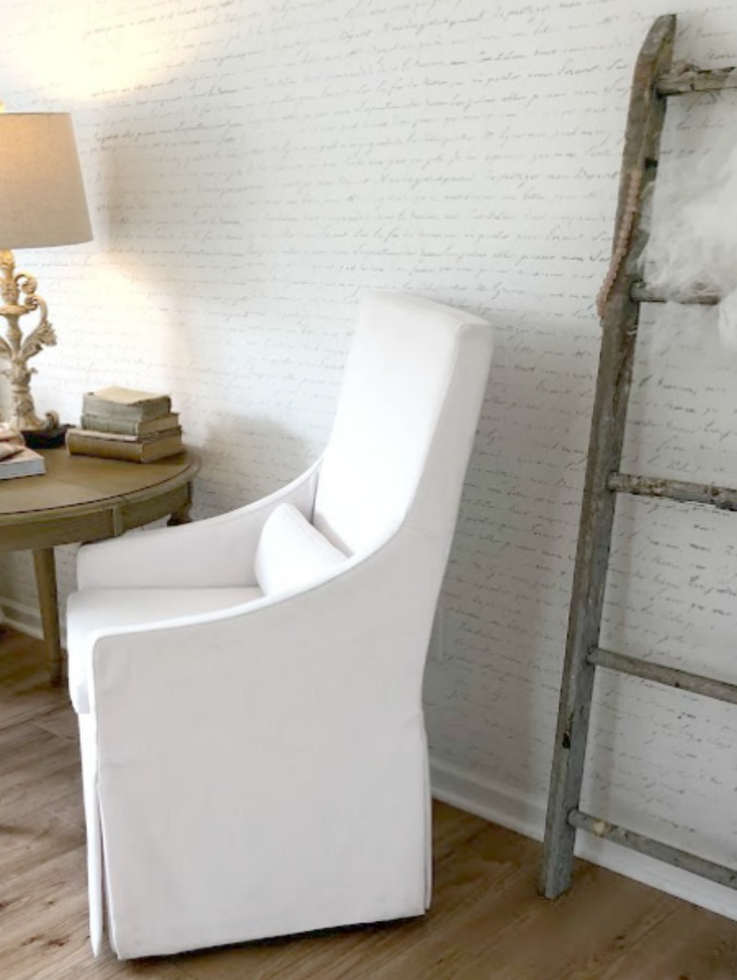 My white studio with Belgian style linen chairs and European country style - Hello Lovely Studio. #whitelinen #serenedecor