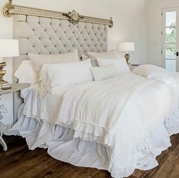 Gorgeous modern European country bedroom design style in this Houston home by Southampton. #europeancountry #interiordesign #whitedecor #modernfrench