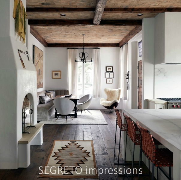 From SEGRETO impressions (2019) by Leslie Sinclair. A waterfall island and SegretoStone hood distinguish this warm Spanish revival style kitchen and keeping room. #spanishrevival #segretostone #kitchen #interiordesign