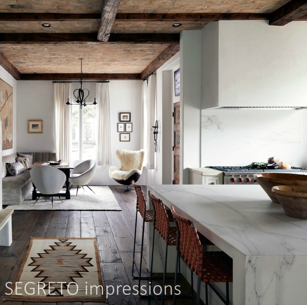 From SEGRETO impressions (2019) by Leslie Sinclair. A waterfall island and SegretoStone hood distinguish this warm Spanish revival style kitchen and keeping room. #spanishrevival #segretostone #kitchen #interiordesign