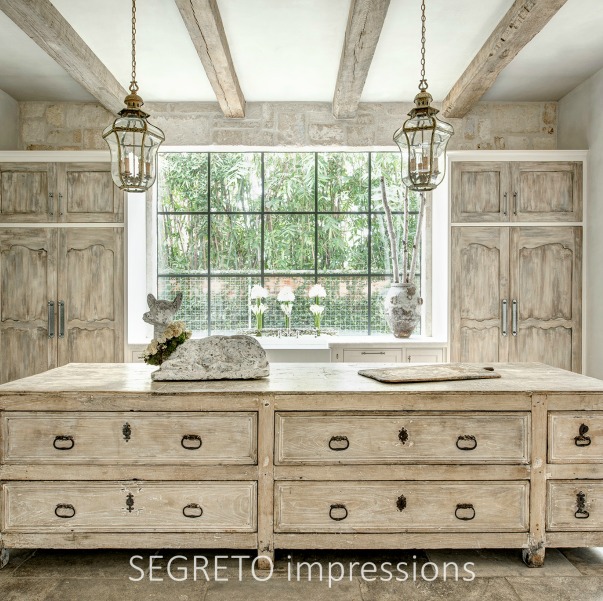 From SEGRETO impressions (2019) by Leslie Sinclair. A quiet-toned newly constructed kitchen incorporating antiques from France. #frenchkitchen #frenchcountry #frenchantiques #bespokekitchen