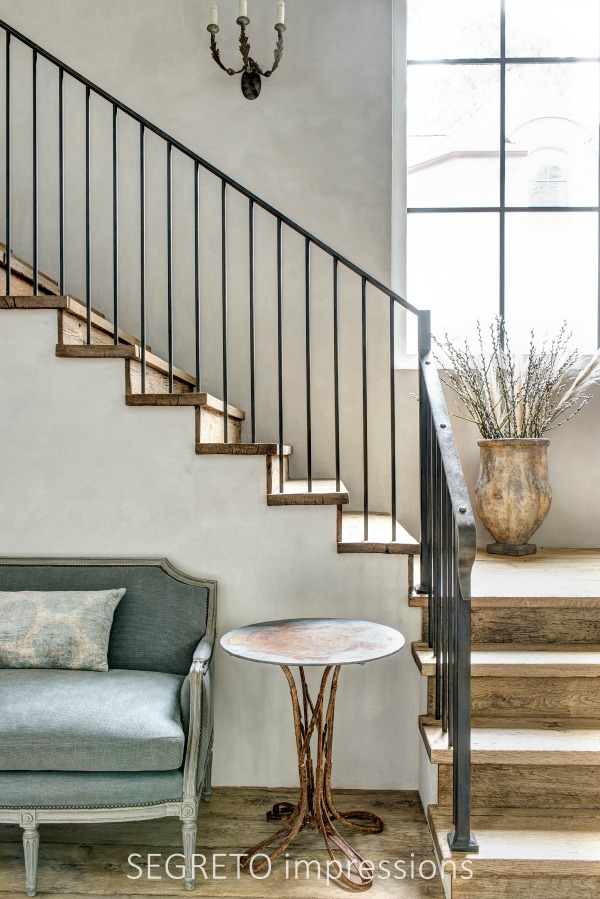 From SEGRETO impressions (2019) by Leslie Sinclair. Plastered walls and ceilings as well as reclaimed wood flooring sing in a newly constructed, timeless European country inspired home. #interiordesign #plasterwalls #oldworld #staircase