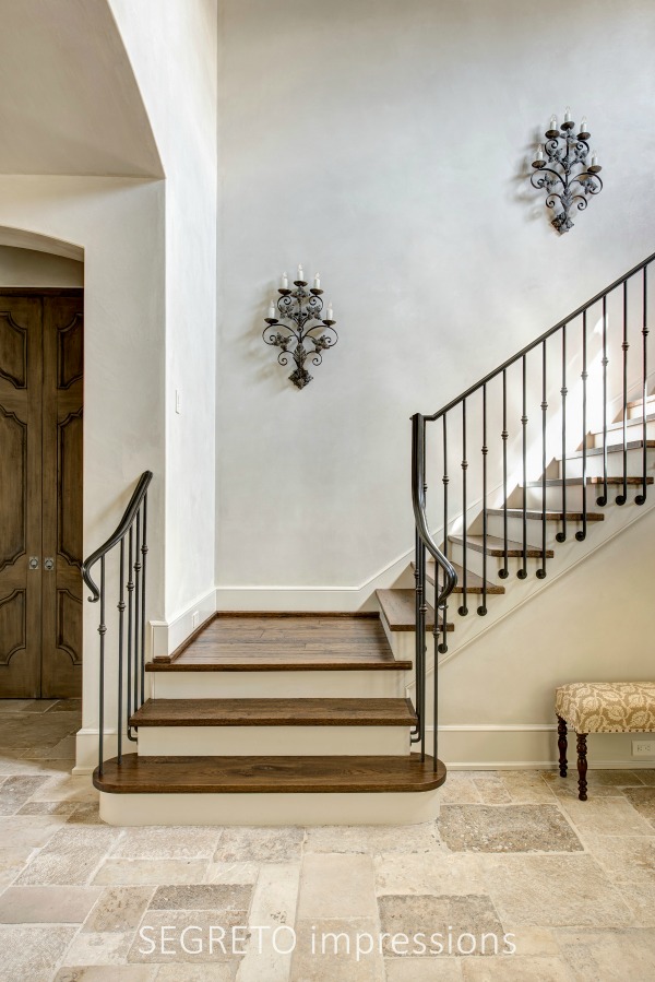 From SEGRETO impressions (2019) by Leslie Sinclair. Magnificent plaster walls and ceilings in the entry of a charming newly constructed Country French home. #staircase oldworld #frenchcountry #plasterwalls #interiordesign