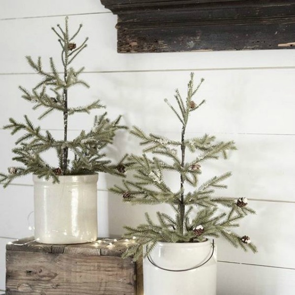 Fresh mini tabletop Christmas trees for a farmhouse or Scandinavian Christmas - A Hundred Affections. #christmasdecor #frenchcountry #frenchchristmas #Swedishchristmas