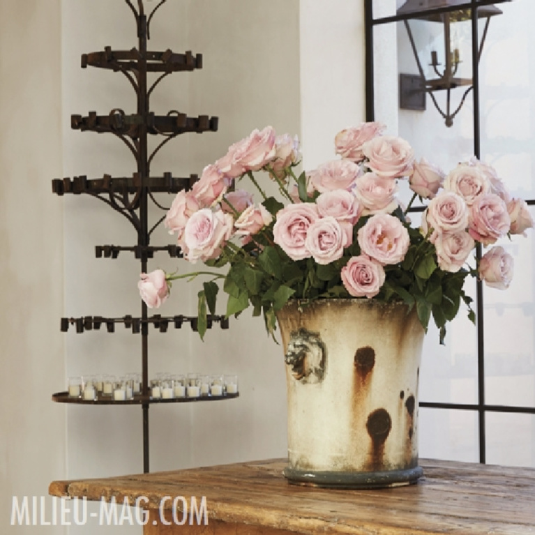 Blush pink roses in an Old World style planter in a French country home with design by Pamela Pierce - Milieu magazine.