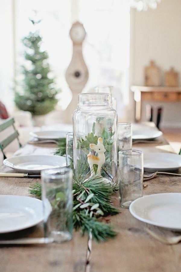 Quiet and lovely Christmas table with country French farmhouse charm by Dreamy Whites. #christmasdecor #tablescape #farmhousechristmas #dreamywhites #shabbychic