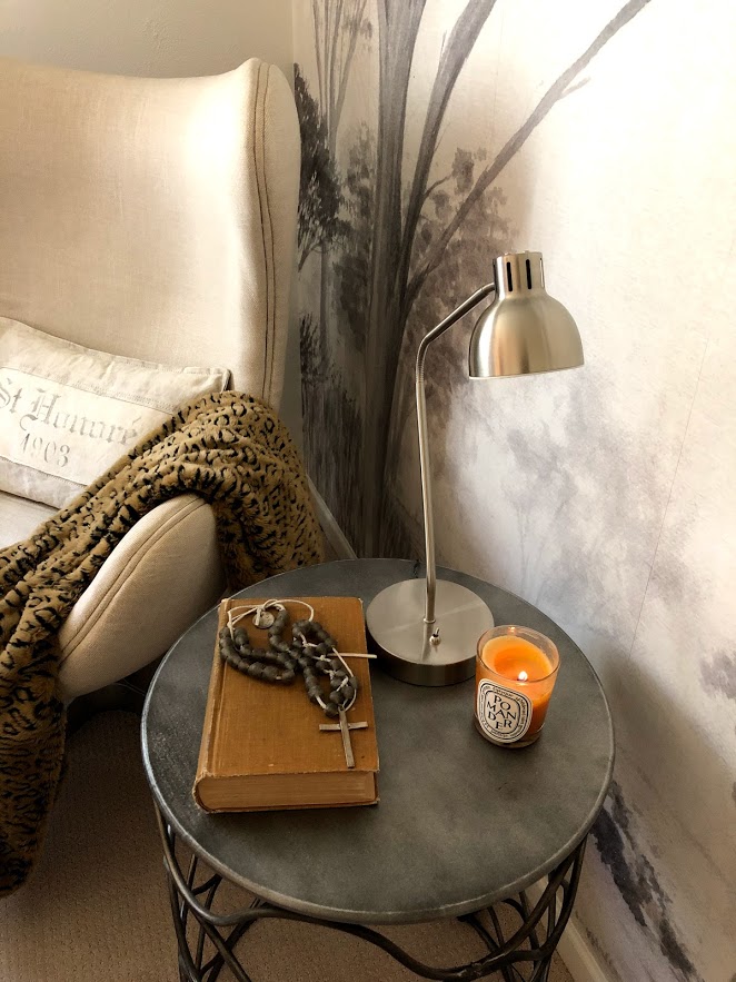 Serene reading corner with linen egg chair and grisaiile wallpaper - Hello Lovely Studio.