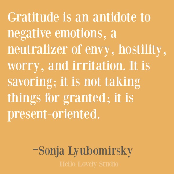 Inspirational quote about gratitude on Hello Lovely Studio. #gratitude #inspirational #quotes #lyubomirsky