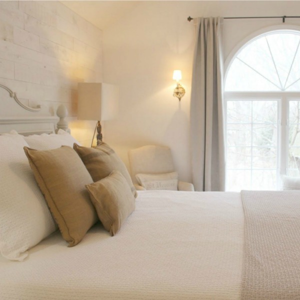 Serene white French Nordic bedroom with Stikwood (Hamptons) wood plank statement wall - Hello Lovely Studio. #bedroom #NordicFrench #whitedecor #stikwood