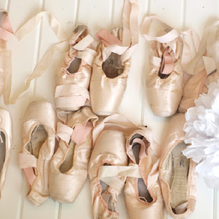 Collection of pale pink pointe shoes with ribbons arranged artfully by Hello Lovely Studio.