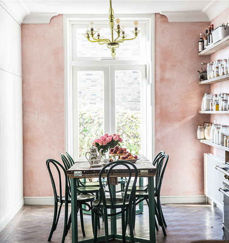 Skye Mcalpine's kitchen with pink Venetian plaster walls by Jersey Ice Cream Co - Remodelista. #pinkwalls #plasterwalls #pinkkitchen