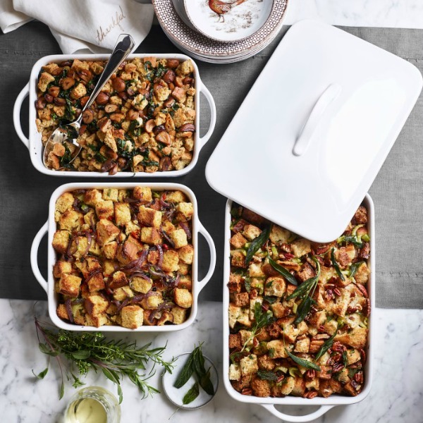 Thanksgiving stuffing in beautiful white serving dishes from Williams Sonoma. #thanksgivingmenu #stuffing #thanksgivingtable