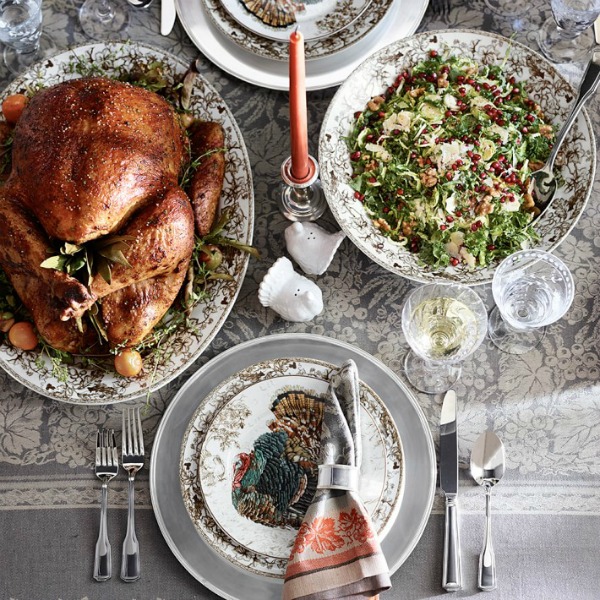 Thanksgiving feast with turkey and beautiful Plymouth turkey dinnerware and serving pieces from Williams Sonoma.  #thanksgiving #tablescape #turkeydinner #dinnerware