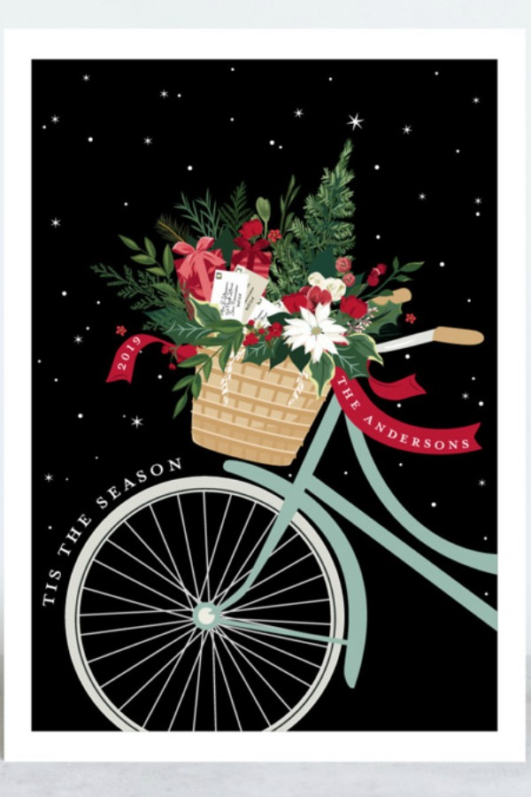 Beautiful bicycle with basket of holiday cheer personalized Christmas card designed by Susan Moyal for Minted. COME BE INSPIRED by 7 Christmas Card Photo Hacks!