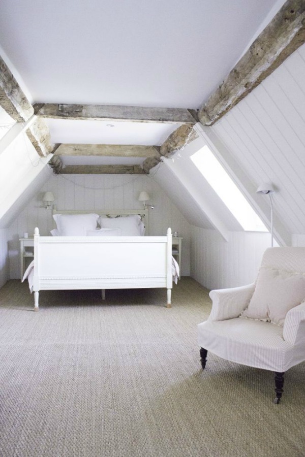 Bedroom - Charming white Scandinavian style cottage interiors in a property called the Hatch (Beach Studios) near London. #scandinavianstyle #cottage #interiordesign #whitedecor