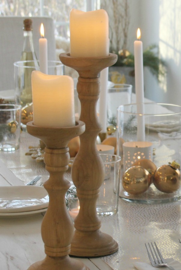 White Christmas table with gold accents and white painted farm table. #hellolovelystudio #christmastour