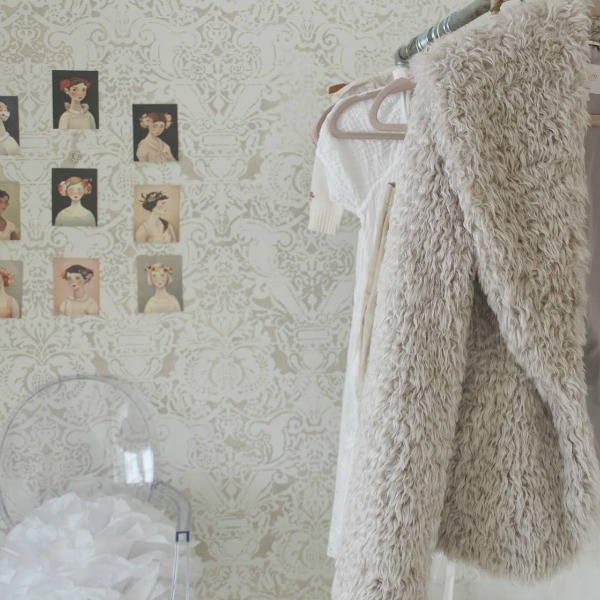 Pointe shoes and a teddy bear faux fur jacket in my dressing room - Hello Lovely Studio.