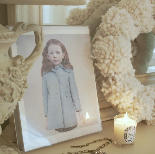 Serene white Christmas decor on my bedroom dresser - Hello Lovely Studio.