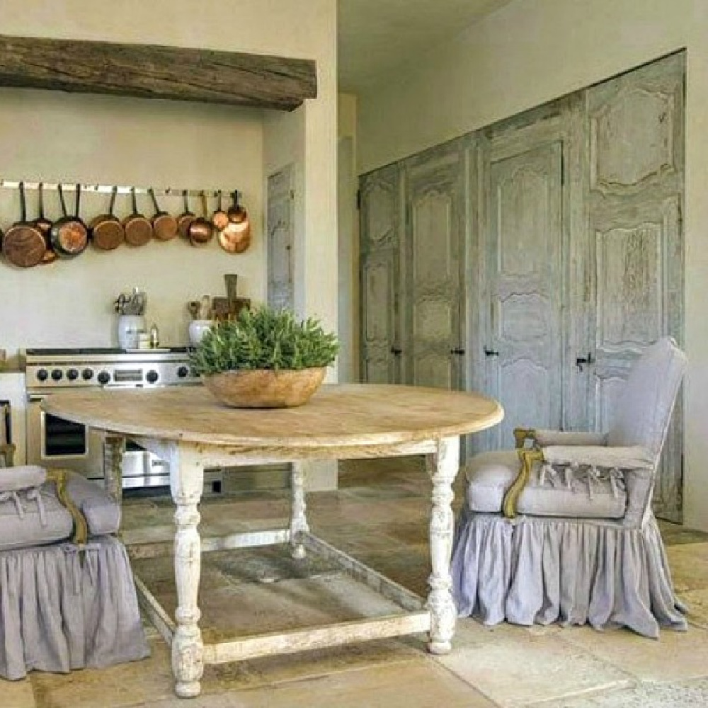 French country farmhouse kitchen with design by Pamela Pierce, architecture by Reagan Andre, and construction by MDD. Come score ideas for a Timeless and Tranquil European Country Inspired Look. #europeancountry #interiordesign #frenchcountry