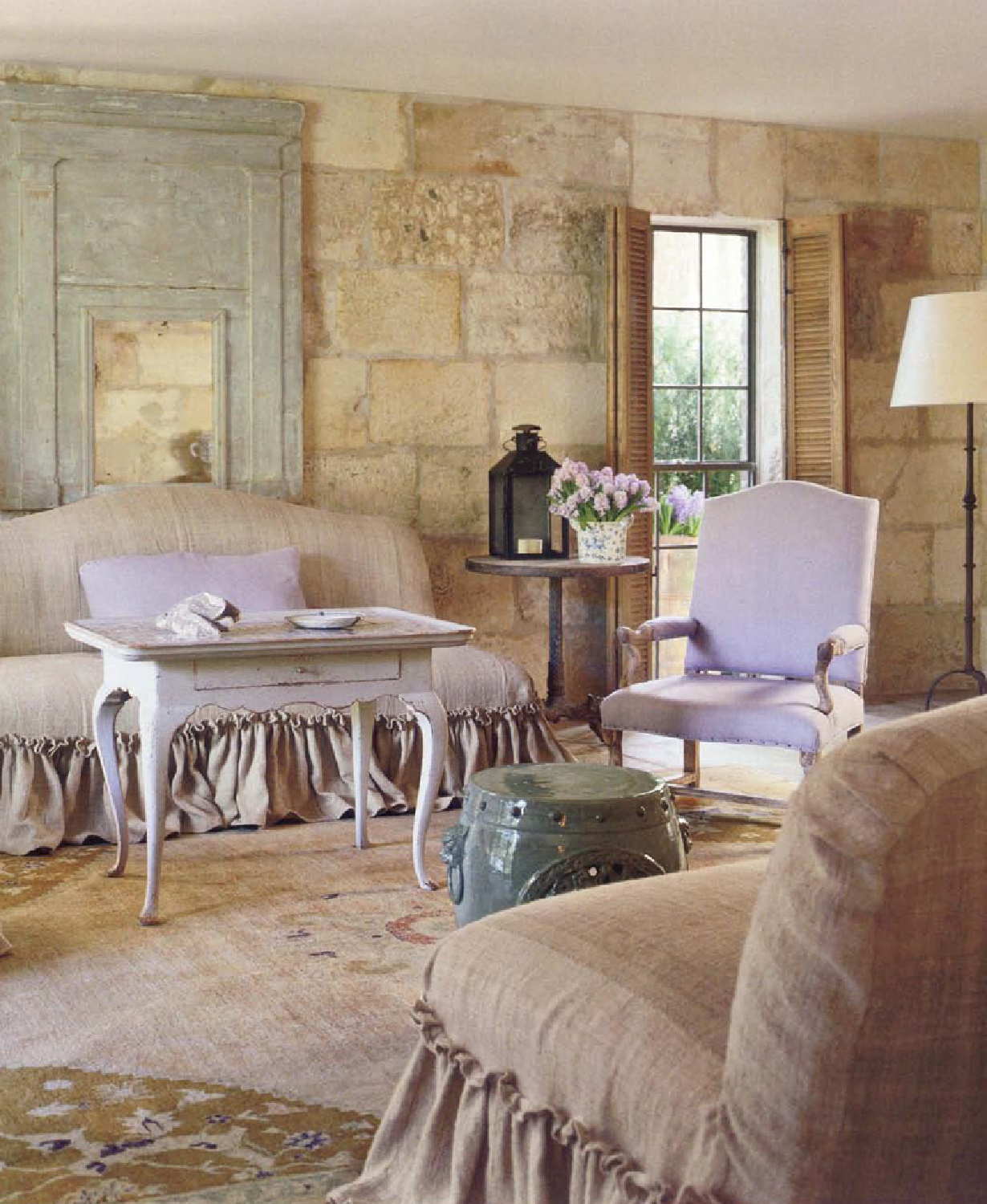 Chateau Domingue's Ruth Gay's exquisite home with design by Pamela Pierce, antiques, and construction with reclaimed stone and materials from Europe. Come score ideas for a Timeless and Tranquil European Country Inspired Look. #europeancountry #interiordesign #frenchcountry