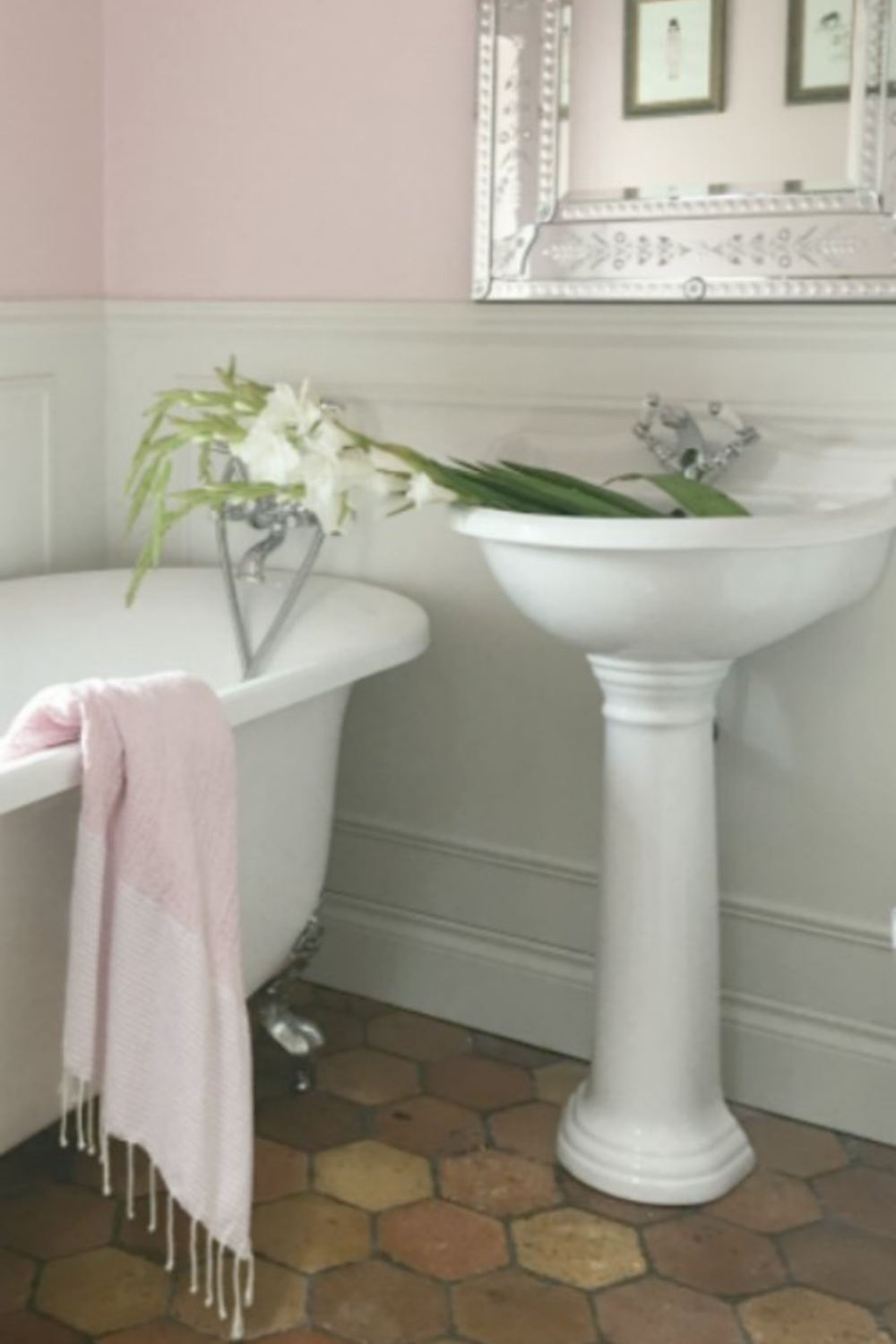 Terracotta stone tiles on French farmhouse bathroom floor. Vivi et Margot.